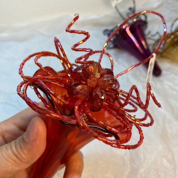 Christmas Ornaments Glass Lily W Beaded Color Purple Red Gold Set of 3 NWT - Picture 9 of 14